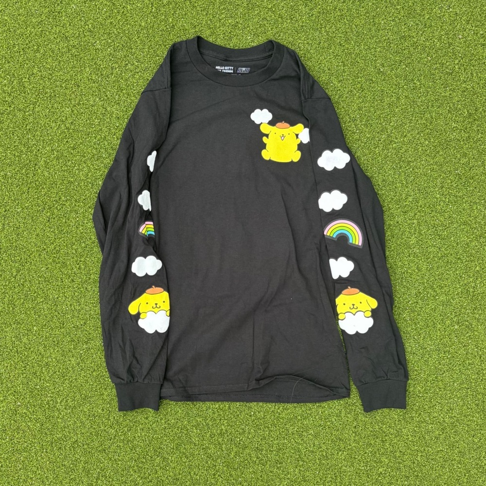 Sanrio Pompompurin Long Sleeve Graphic Tee Black Rainbow Clouds Small - Picture 1 of 2